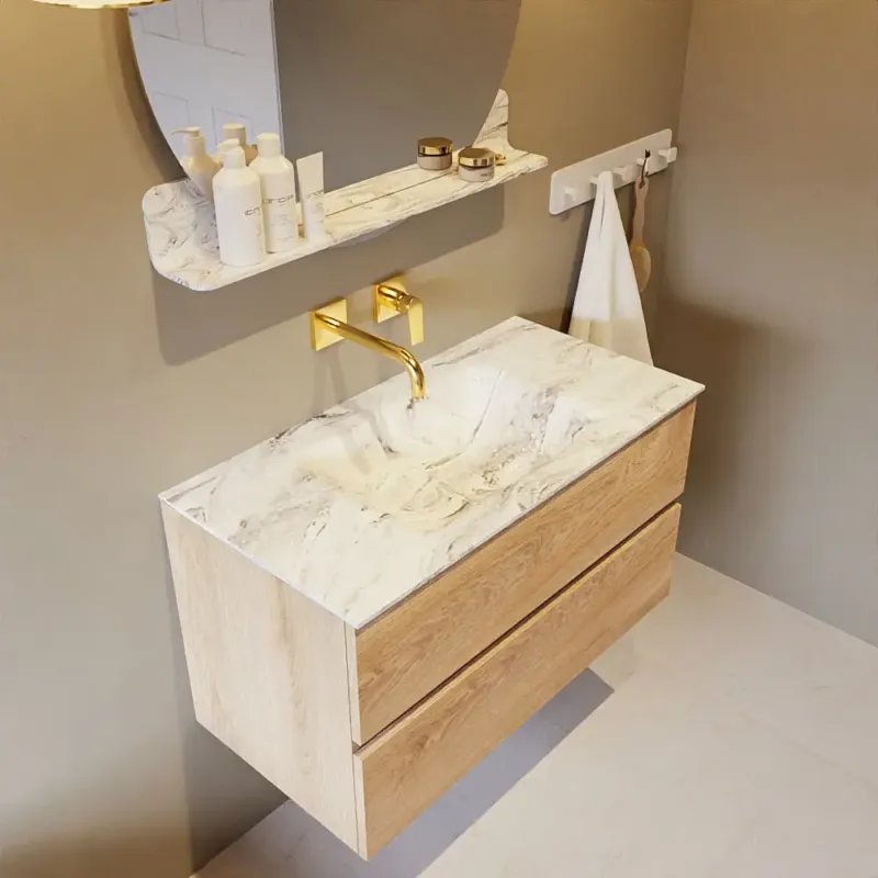 Laatste Versie Mondiaz Vica DLux badmeubel 90cm washed oak 2 lades met wastafel glace midden zonder kraangat