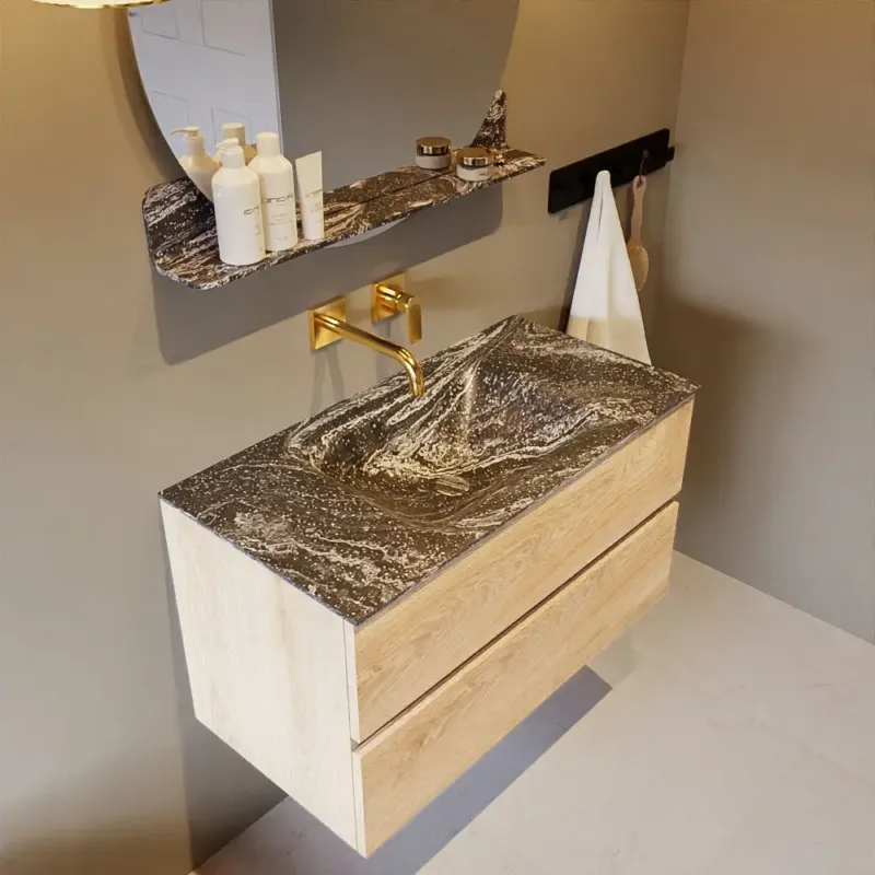 Mondiaz Vica DLux badmeubel 90cm washed oak 2 lades met wastafel lava midden zonder kraangat Bestel Nu