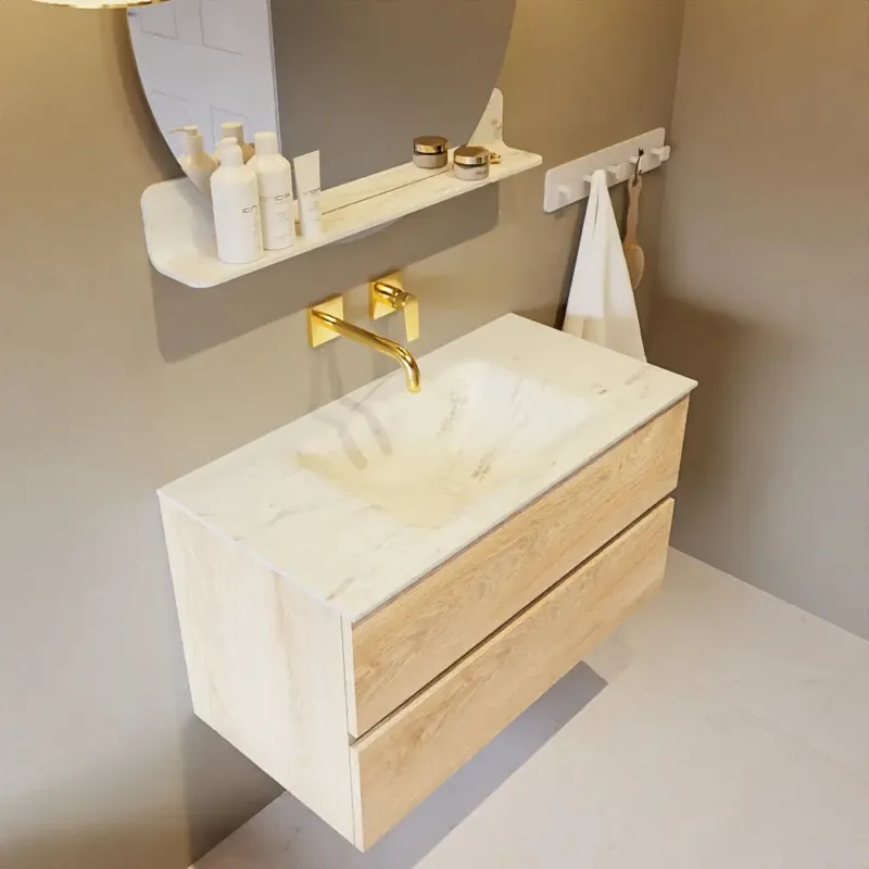 Mondiaz Vica DLux badmeubel 90cm washed oak 2 lades met wastafel opalo midden zonder kraangat Shop Nu
