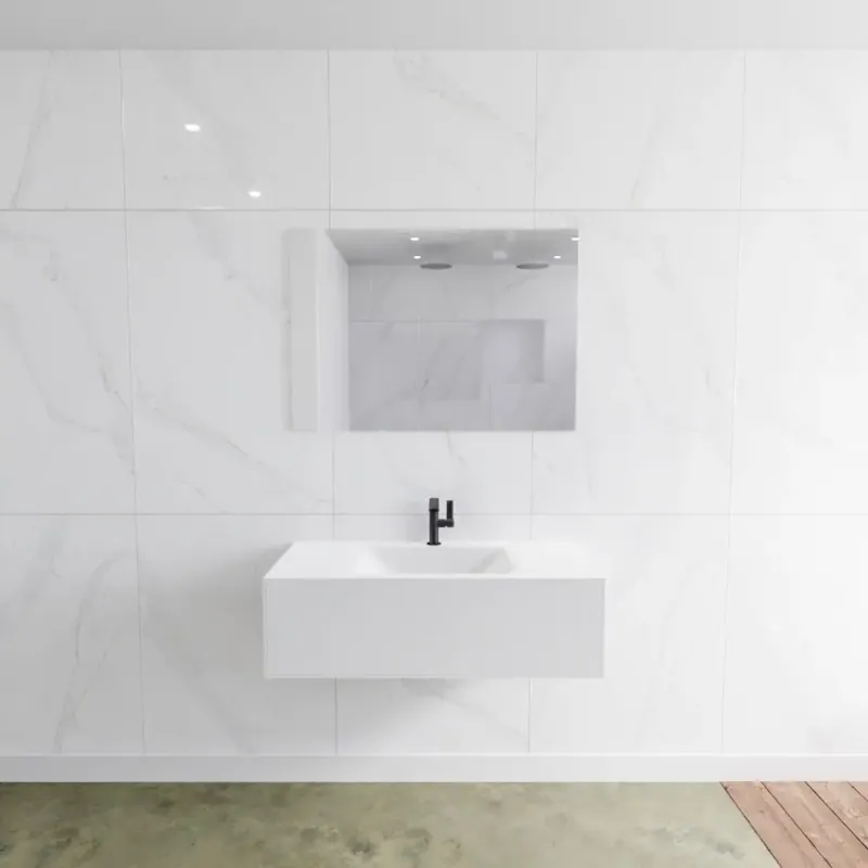 Betrouwbaar SCHADEMODEL Zaro Lagom volledig naadloos solid surface onderkast 100cm mat wit met 1 lade Push tot open. Compleet met solid surface wastafel met 1 kraangat(en)