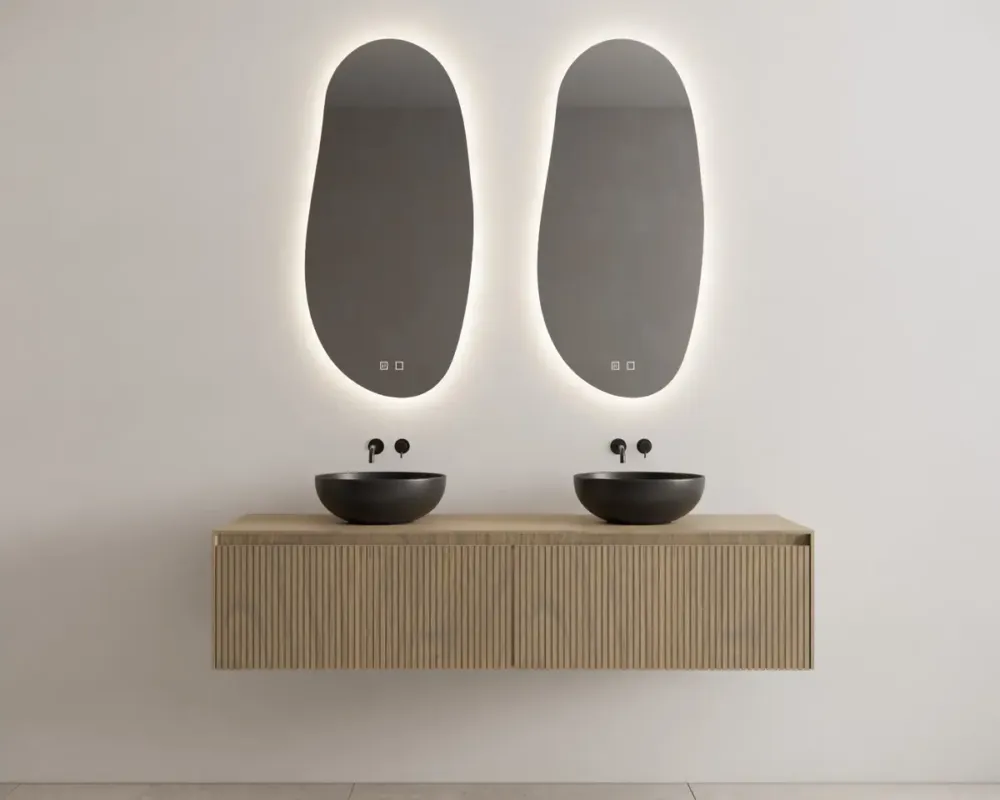 Gereduceerde Prijs Gliss Design Timotheus badmeubel met 2 lades en ribbelfront 160cm ash gray met zwarte waskom