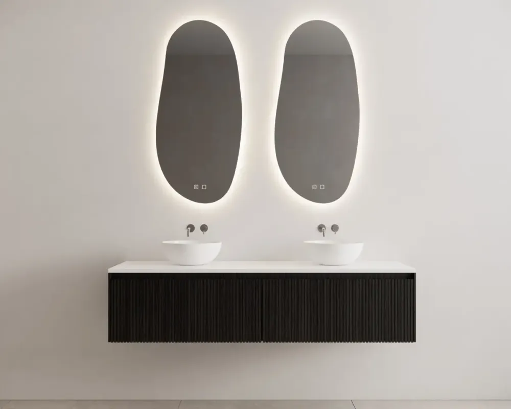 Gliss Design Timotheus badmeubel met 2 lades en ribbelfront 160cm black veneer wit toppaneel en waskom Shop Nu