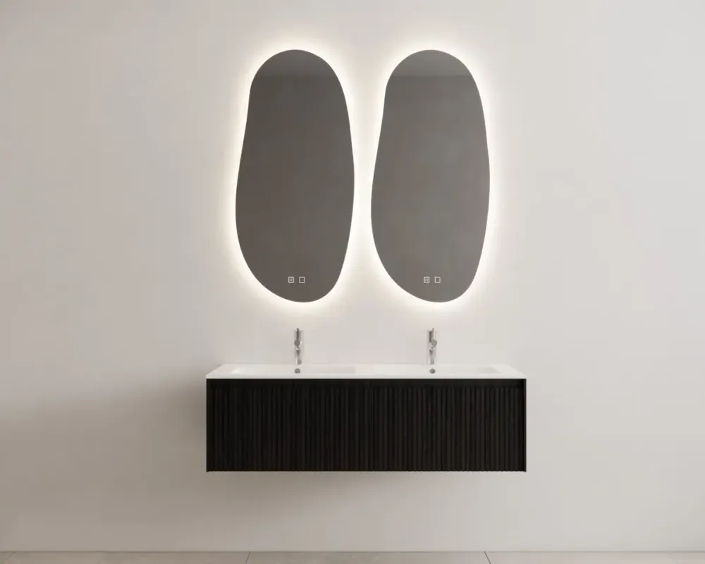 Op = Op Gliss Design Timotheus badmeubel met ribbelfront 140cm black veneer met mat witte wastafel Asia