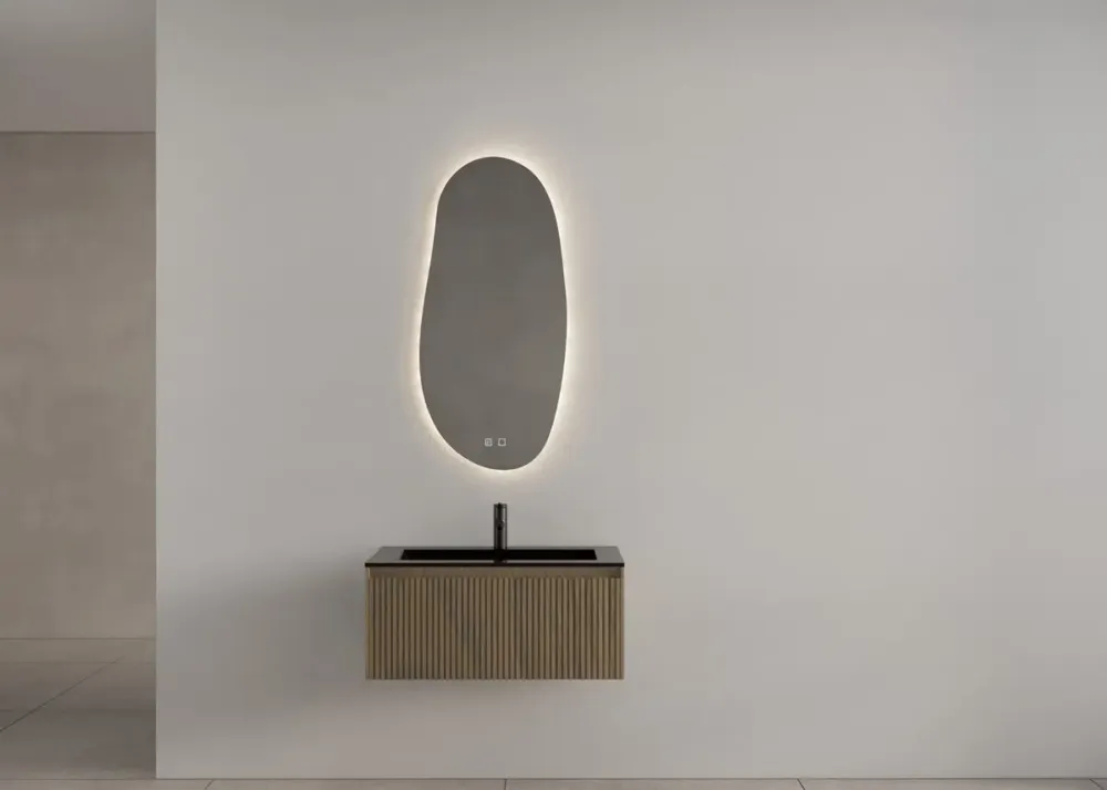 Gliss Design Timotheus badmeubel met ribbelfront 60cm ash gray met zwarte wastafel Asia Nieuw