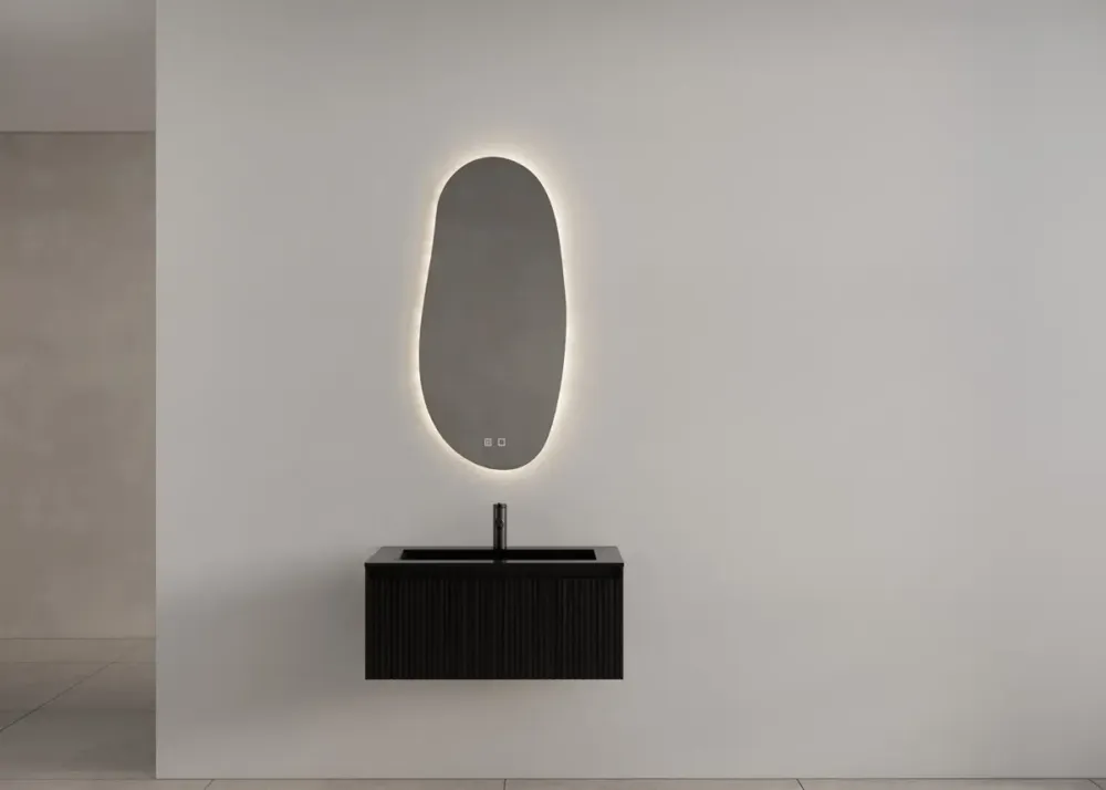 Must-Have Gliss Design Timotheus badmeubel met ribbelfront 80cm black veneer met zwarte wastafel Asia