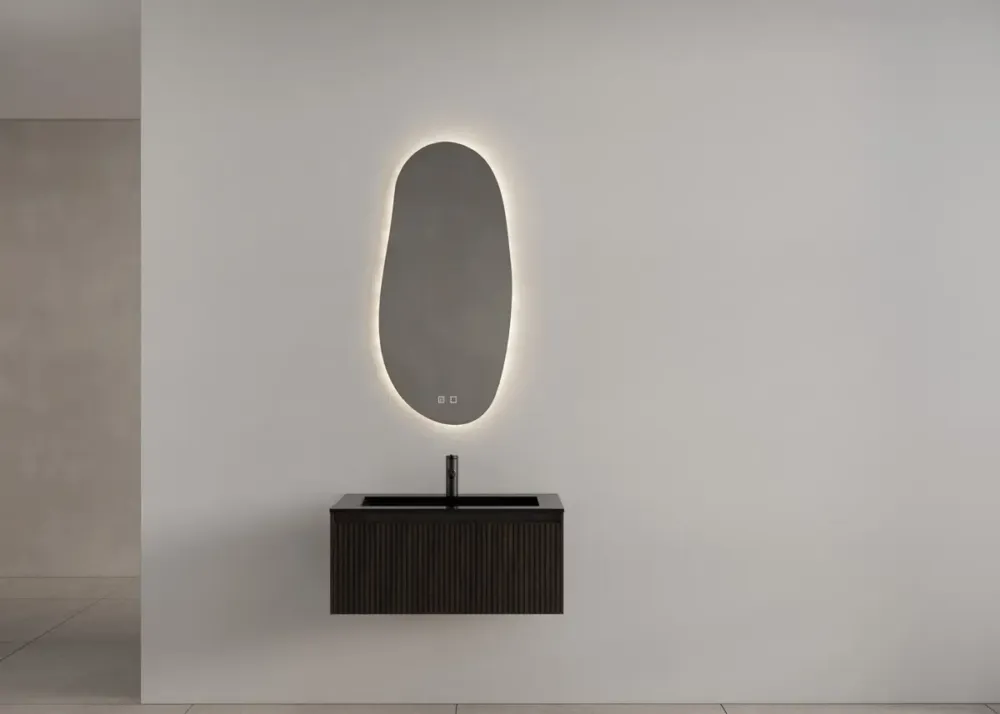 Seizoensaanbieding Gliss Design Timotheus badmeubel met ribbelfront 90cm charcoal met zwarte wastafel Asia