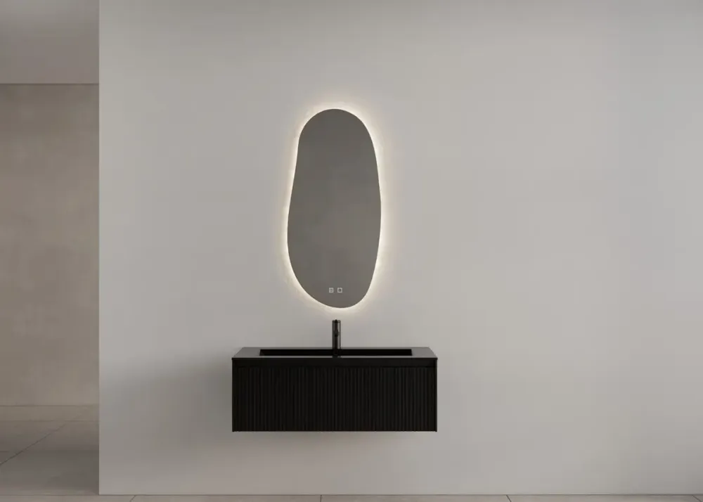 Gliss Design Timotheus badmeubel met ribbelfront 100cm black veneer met zwarte wastafel Asia Lage Prijs