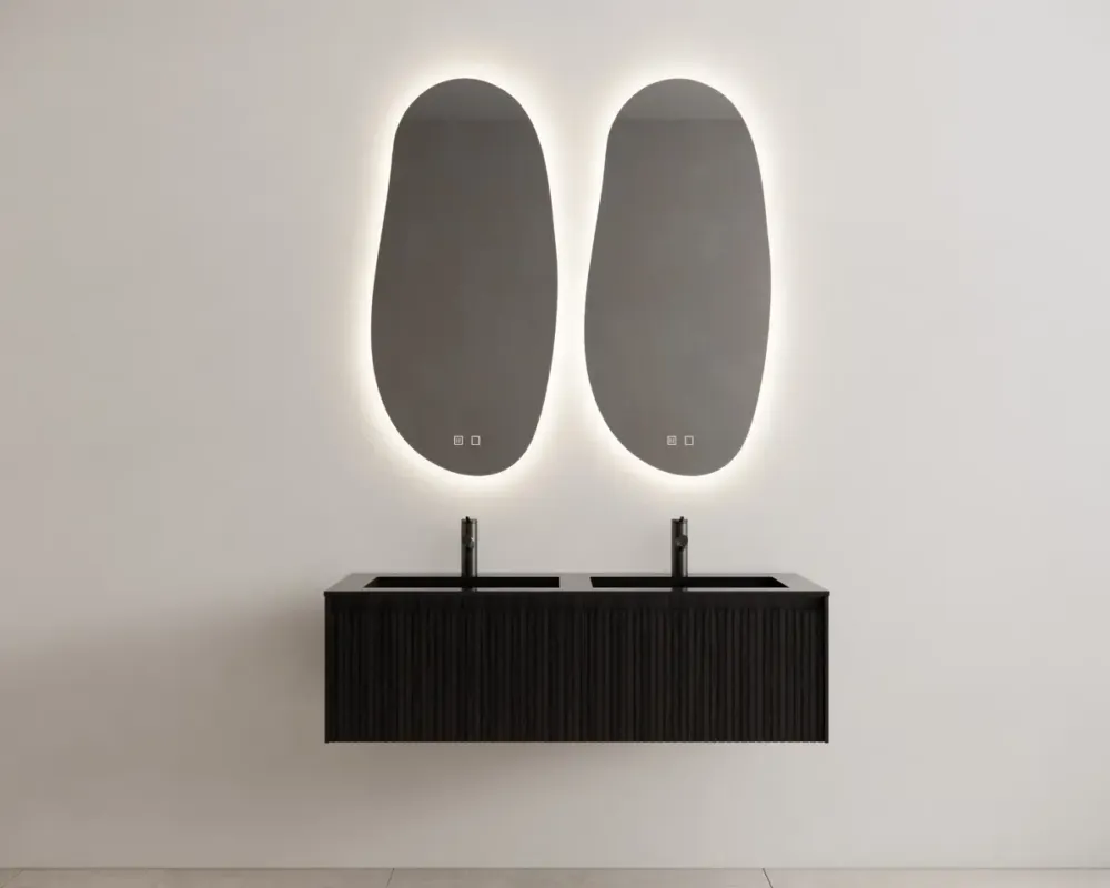 Gliss Design Timotheus badmeubel met ribbelfront 140cm black veneer met zwarte wastafel Asia Actieprijs