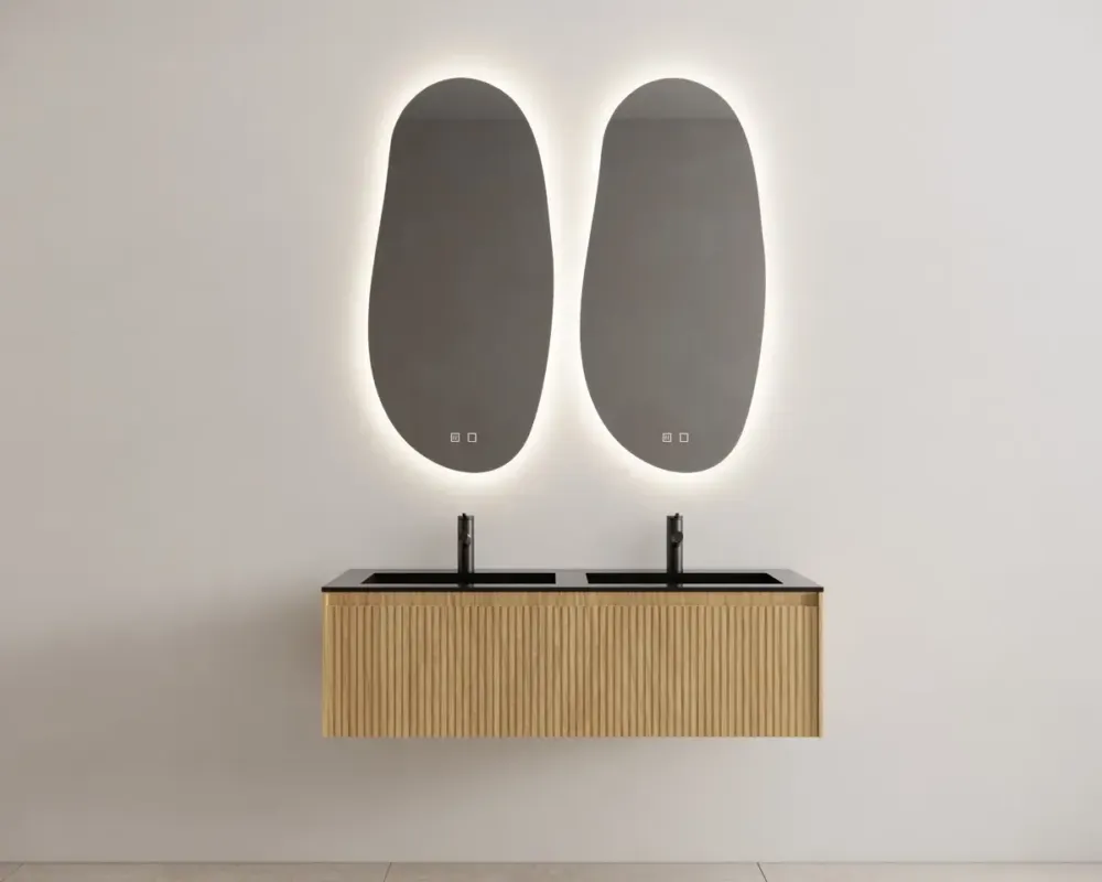 Direct Verzonden Gliss Design Timotheus badmeubel met ribbelfront 140cm pure met zwarte wastafel Asia