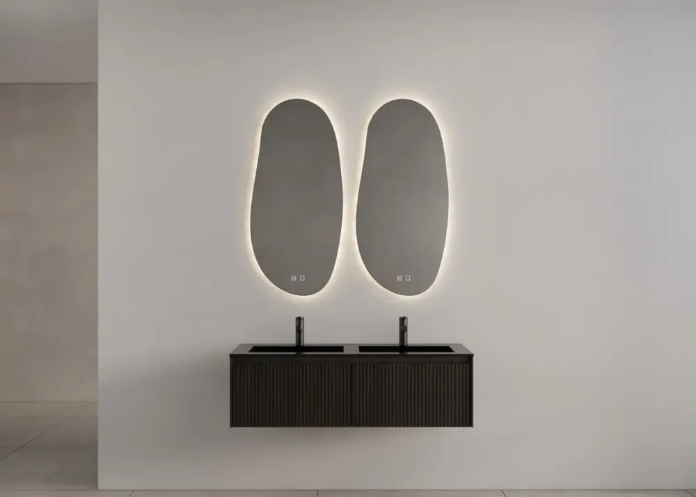 Gliss Design Timotheus badmeubel met 2 lades en ribbelfront 120cm charcoal met zwarte wastafel Asia Hete Deal