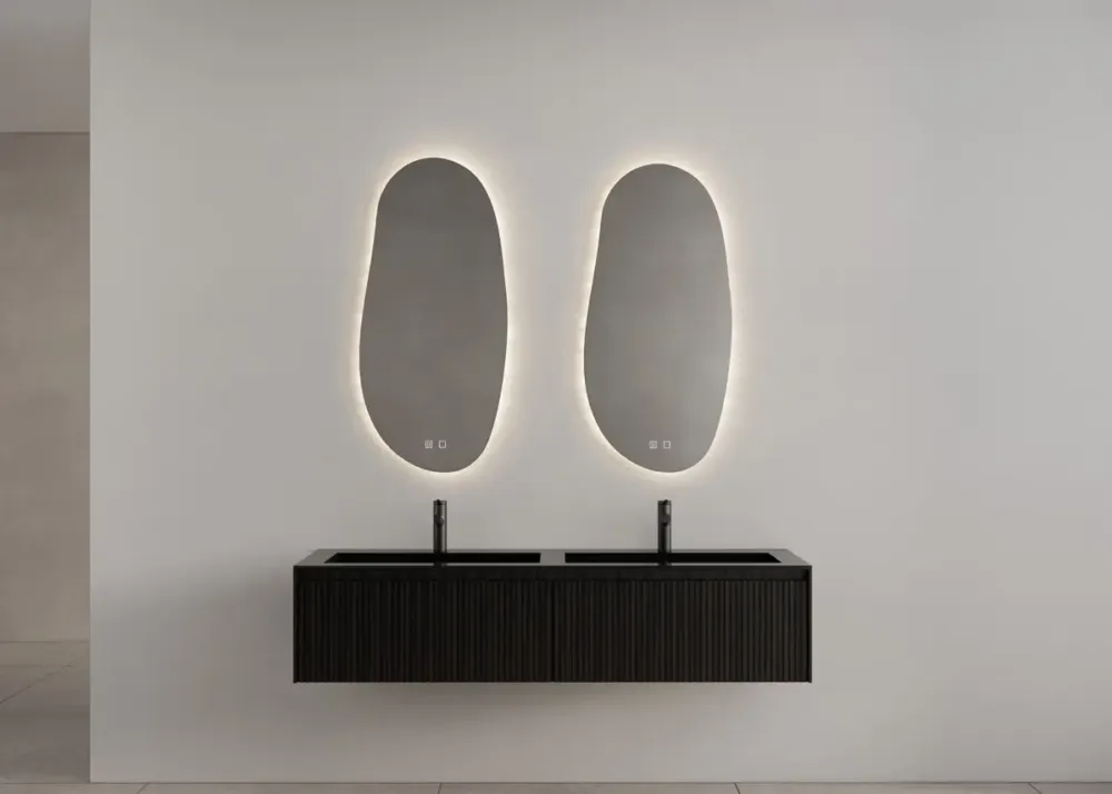 Gliss Design Timotheus badmeubel met 2 lades en ribbelfront 160cm black veneer met zwarte wastafel Asia Aanbieding