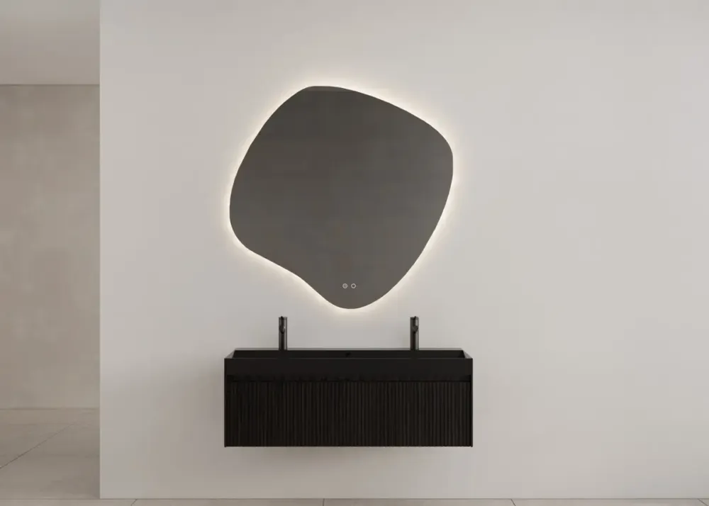 Gliss Design Timotheus badmeubel met ribbelfront 100cm black veneer met zwarte wastafel met 2 kraangaten Lako Aanbieding