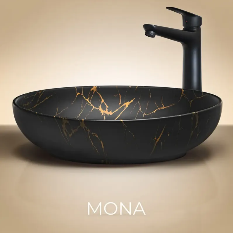 Beperkte Voorraad Comad Mona waskom 52x40cm zwart goud marmer