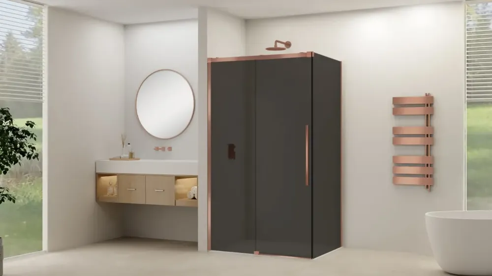 Beperkte Voorraad Van Rijn ST09 hoekcabine met rookglas 100x180cm geborsteld koper