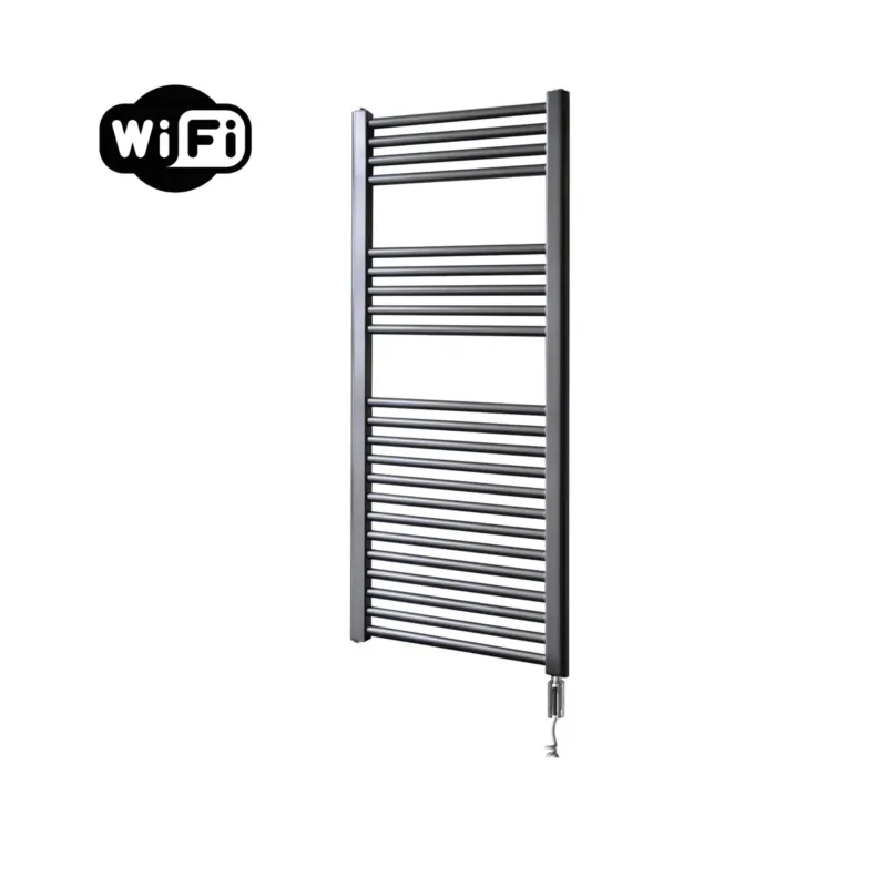 Op = Op Sanicare elektrische design radiator 45x112cm gunmetal met WiFi en thermostaat rechts chroom