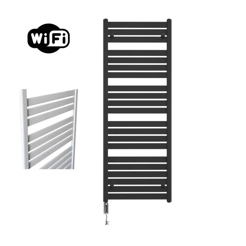 Direct Beschikbaar Sanicare Moda elektrische radiator 60x160cm zwart mat met WiFi en thermostaat links chroom