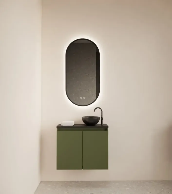 Snelle Levering Gliss Design Echo toiletmeubel 60cm olijfgroen met toppaneel zwart mat