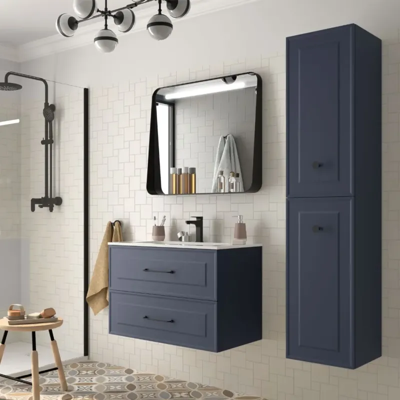 Populair Muebles Renoir badmeubel 60cm donkerblauw met keramische wastafel en ronde handgrepen zwart