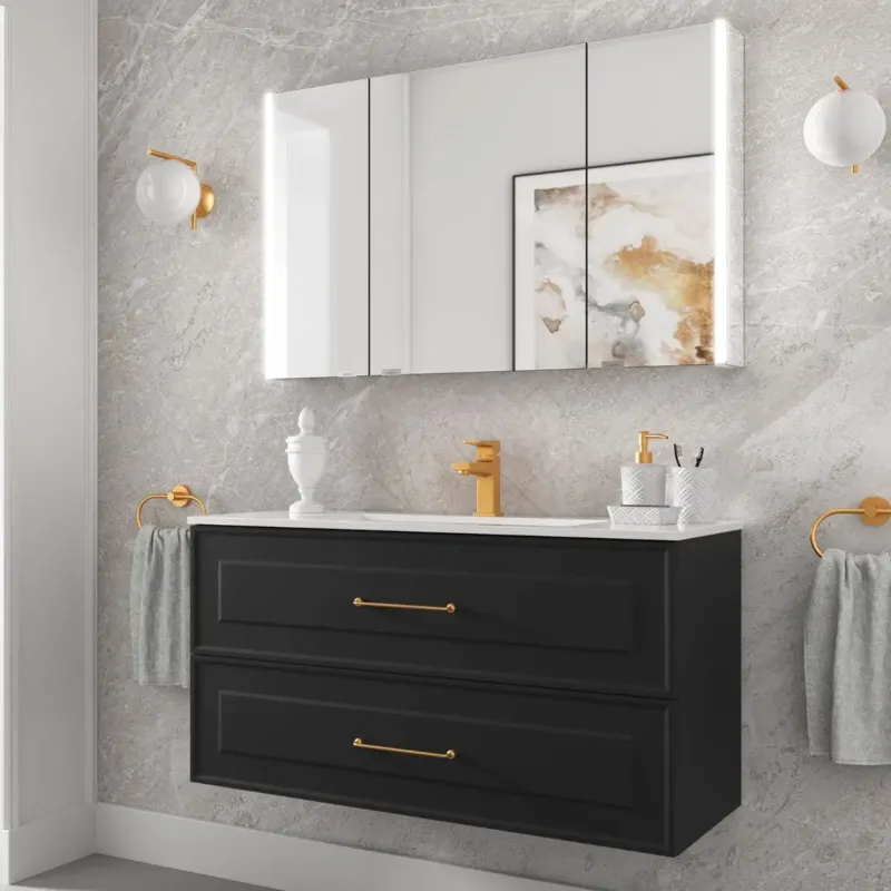 Muebles Renoir badmeubel 60cm zwart mat met keramische wastafel en langwerpige handgrepen goud Lage Kosten