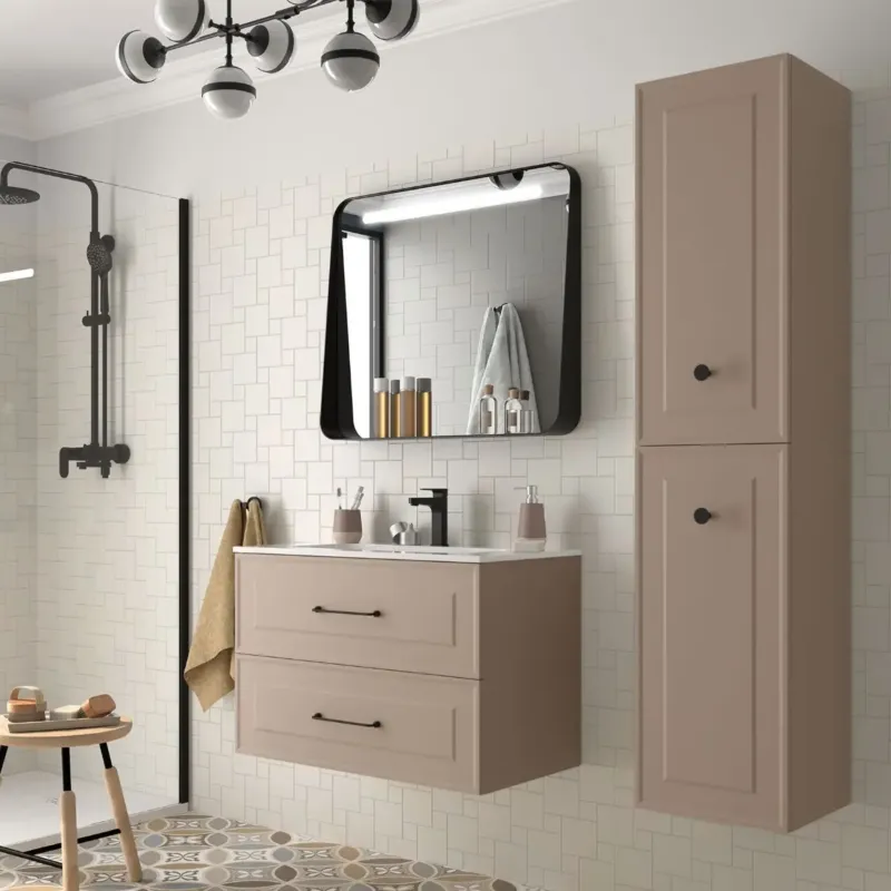 Muebles Renoir badmeubel 80cm beige met keramische wastafel en ronde handgrepen zwart Hete Deal