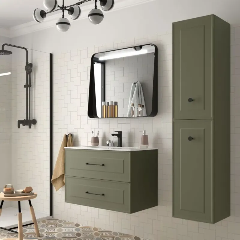 Muebles Renoir badmeubel 80cm legergroen met keramische wastafel en ronde handgrepen zwart Favoriet