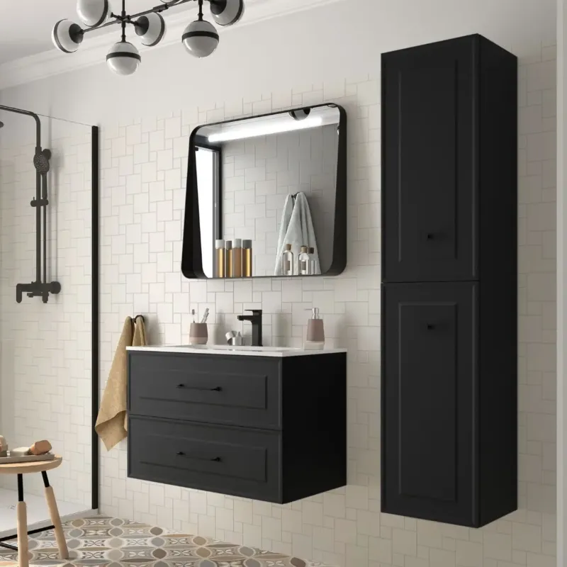 Express Levering Muebles Renoir badmeubel 80cm zwart mat met keramische wastafel en ronde handgrepen zwart