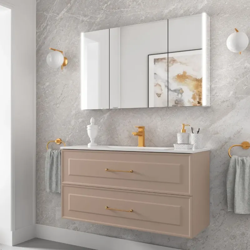 Muebles Renoir badmeubel 80cm beige met keramische wastafel en langwerpige handgrepen goud Betaalbaar