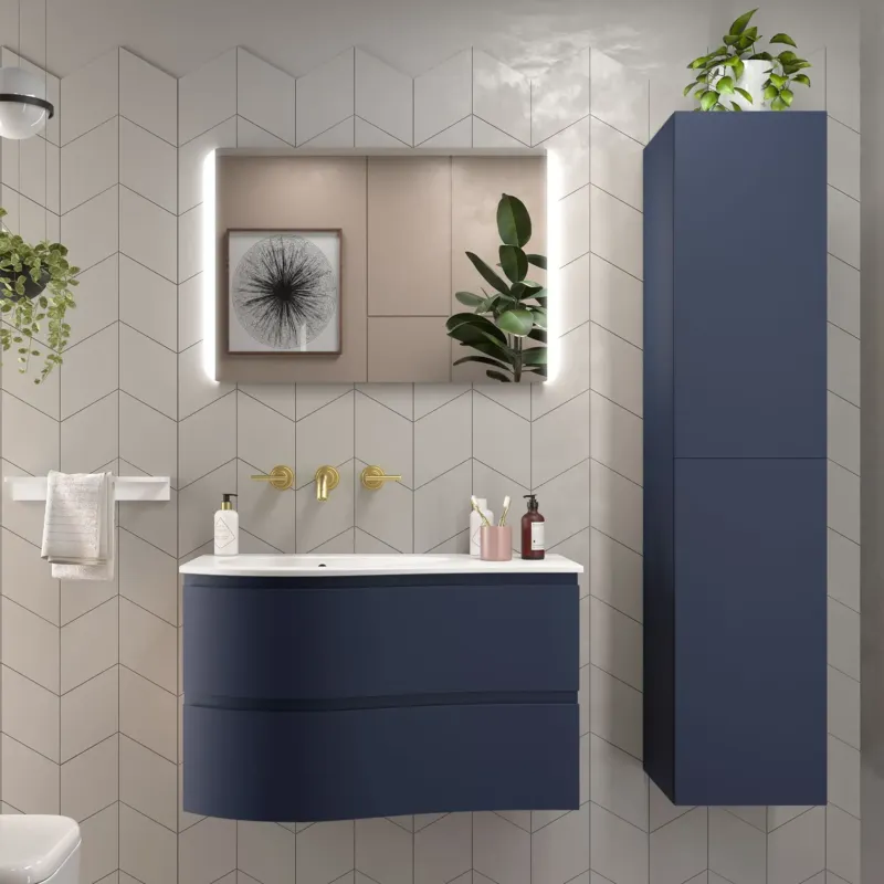 Direct Beschikbaar Muebles Mam badmeubel 90cm links donkerblauw met wastafel solid surface zonder kraangat