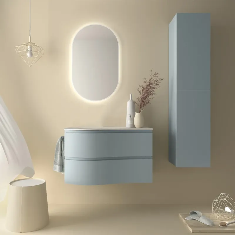 Tijdelijk Beschikbaar Muebles Mam badmeubel 90cm links lichtblauw met wastafel solid surface zonder kraangat
