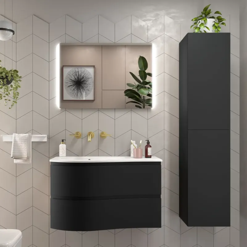 Muebles Mam badmeubel 90cm links zwart mat met wastafel solid surface zonder kraangat Finale Uitverkoop