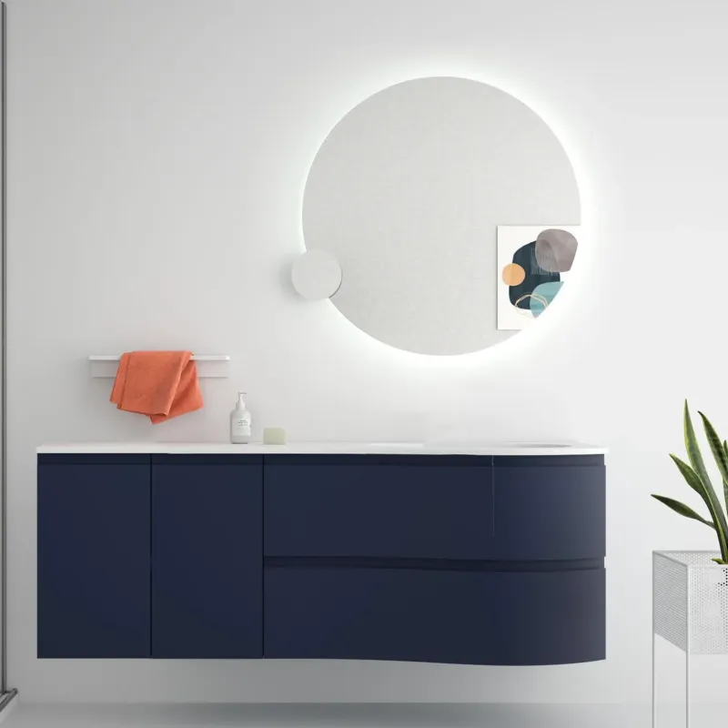 Muebles Mam badmeubel 150cm rechts donkerblauw met wastafel solid surface zonder kraangat Beperkte Voorraad