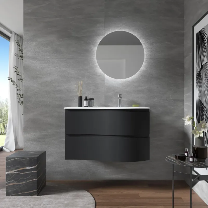 Muebles Mam badmeubel 90cm rechts zwart mat met wastafel mineraalmarmer wit glans met kraangat Beperkte Voorraad