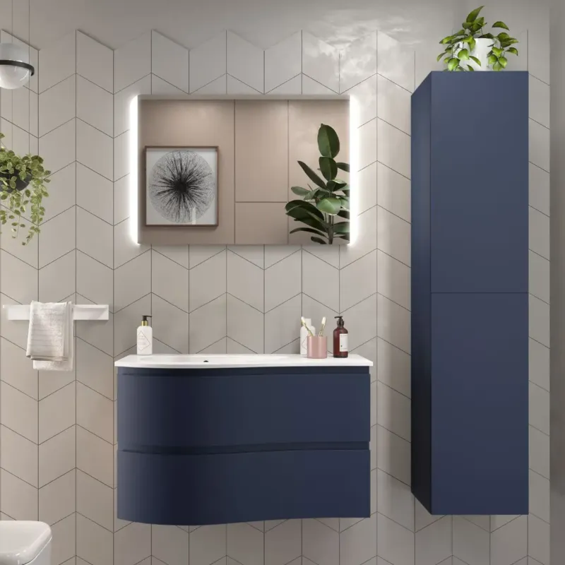 Shop Nu Muebles Mam badmeubel 90cm links donkerblauw met wastafel mineraalmarmer wit mat met kraangat