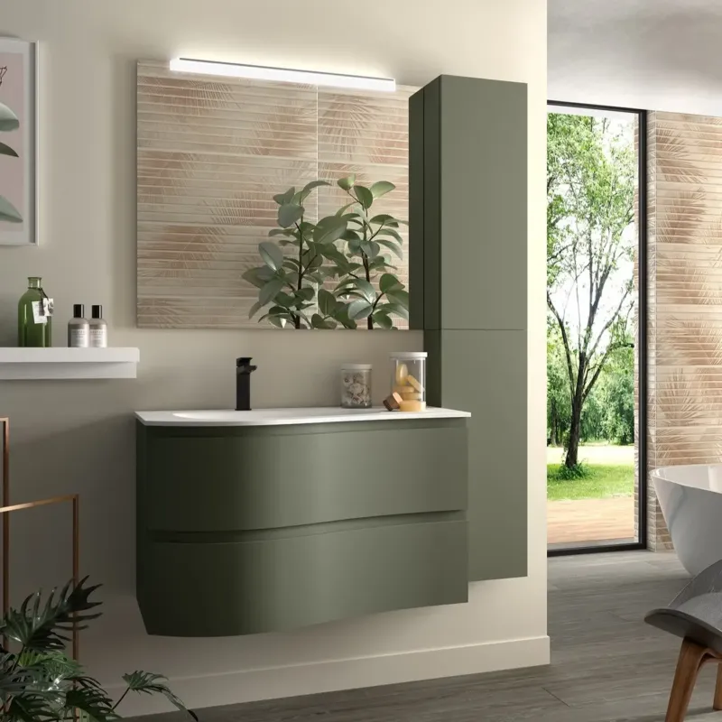 Muebles Mam badmeubel 90cm links legergroen met wastafel mineraalmarmer wit mat met kraangat Voordeelprijs