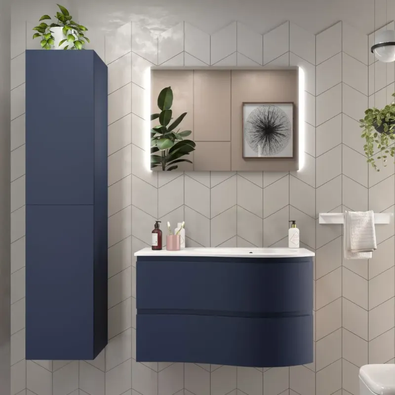 Muebles Mam badmeubel 90cm rechts donkerblauw met wastafel mineraalmarmer wit mat met kraangat Uitverkoop