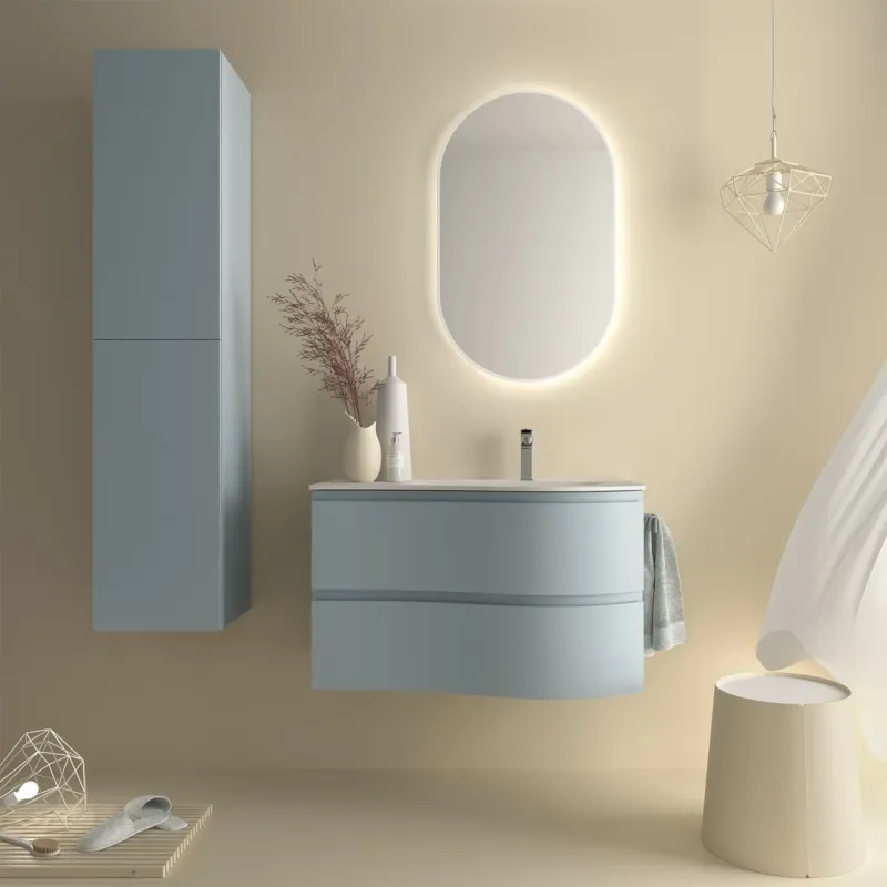 Dagaanbieding Muebles Mam badmeubel 90cm rechts lichtblauw met wastafel mineraalmarmer wit mat met kraangat
