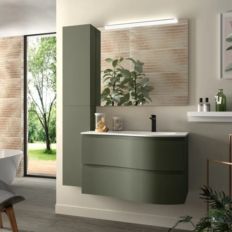 Korting Muebles Mam badmeubel 90cm rechts legergroen met wastafel mineraalmarmer wit mat met kraangat