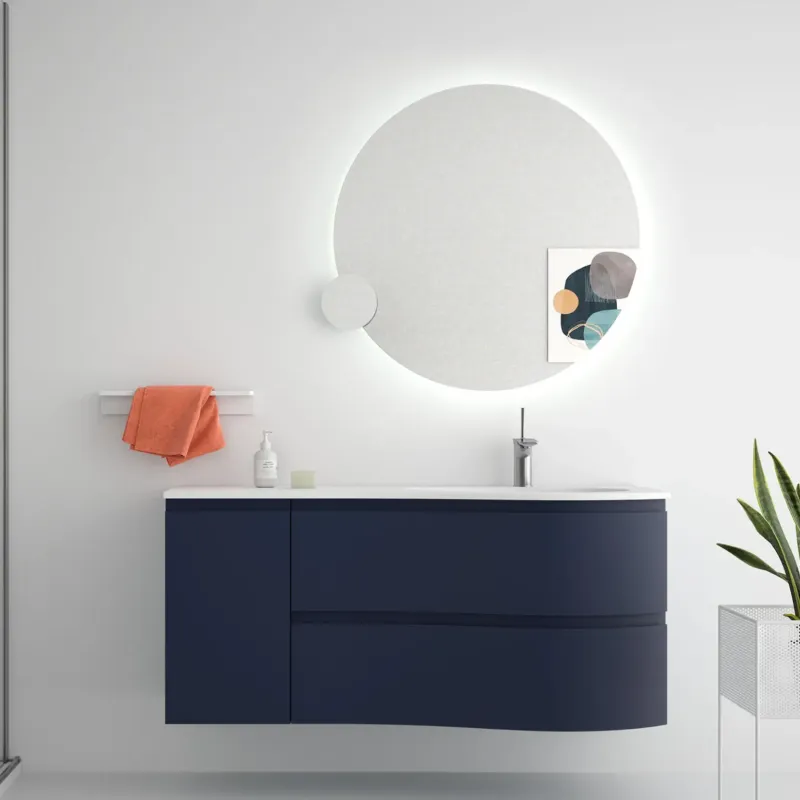 Koopje Muebles Mam badmeubel 120cm rechts donkerblauw met wastafel mineraalmarmer wit mat met kraangat