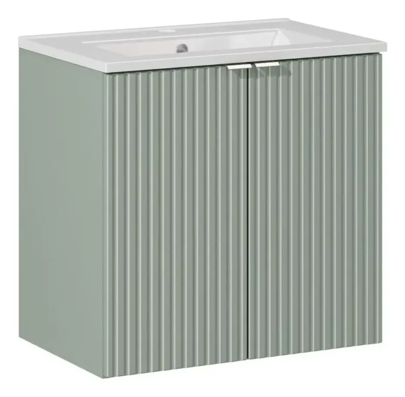 Lage Prijs Comad Reed Green badmeubel ribbelfront 60cm met 2 deuren en witte wastafel