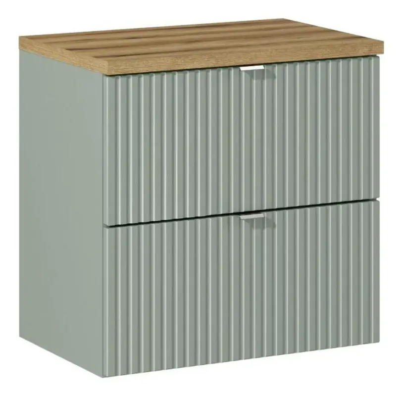 Premium Comad Reed Green badmeubel ribbelfront 60cm met 2 lades en eiken toppaneel