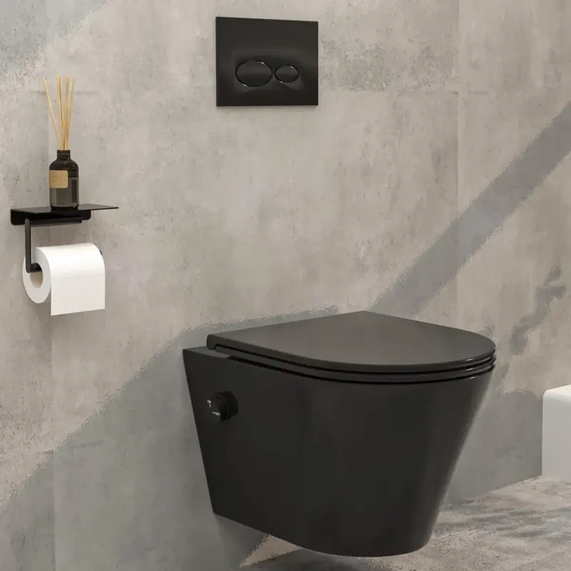 Weekendaanbieding Mueller Afesta randloos toiletpot met bidetsproeier koud en platte softclose zitting zwart mat