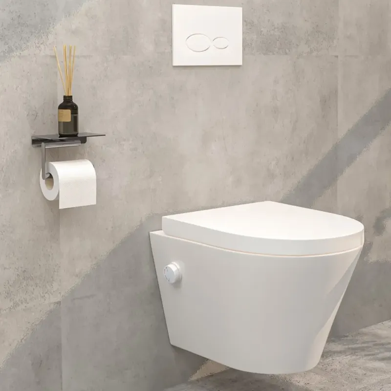 Op = Op Mueller Afesta randloos toiletpot met bidetsproeier warm/koud en softclose zitting wit mat