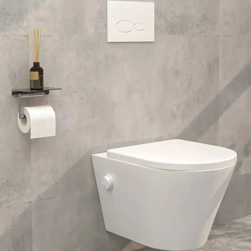 Uitverkoop Mueller Afesta randloos toiletpot met bidetsproeier warm/koud en dunne softclose zitting wit mat