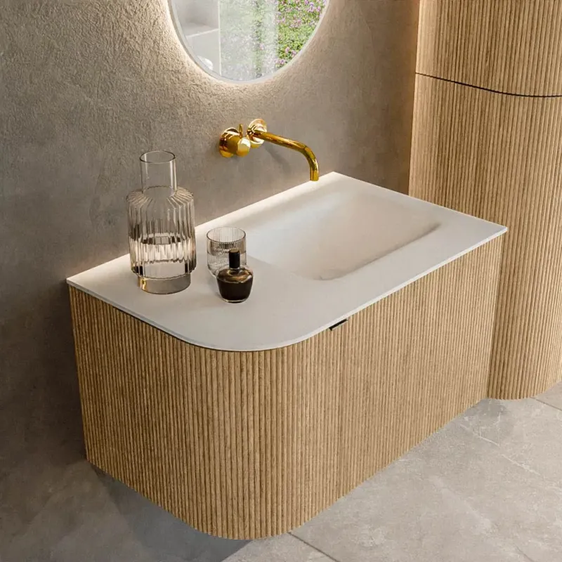Mondiaz Kurve 75cm badmeubel ronding links oak met 1 lade en deur en wastafel grunne rechts zonder kraangat Hete Deal