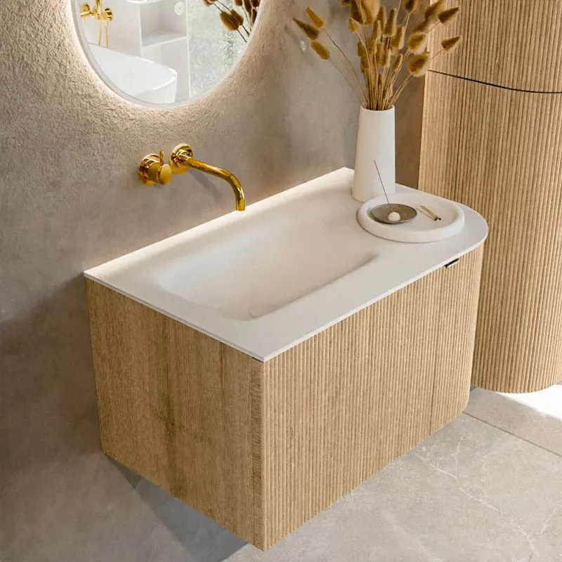 Alleen Vandaag Mondiaz Kurve 75cm badmeubel ronding rechts oak met 1 lade en deur en wastafel grunne links zonder kraangat
