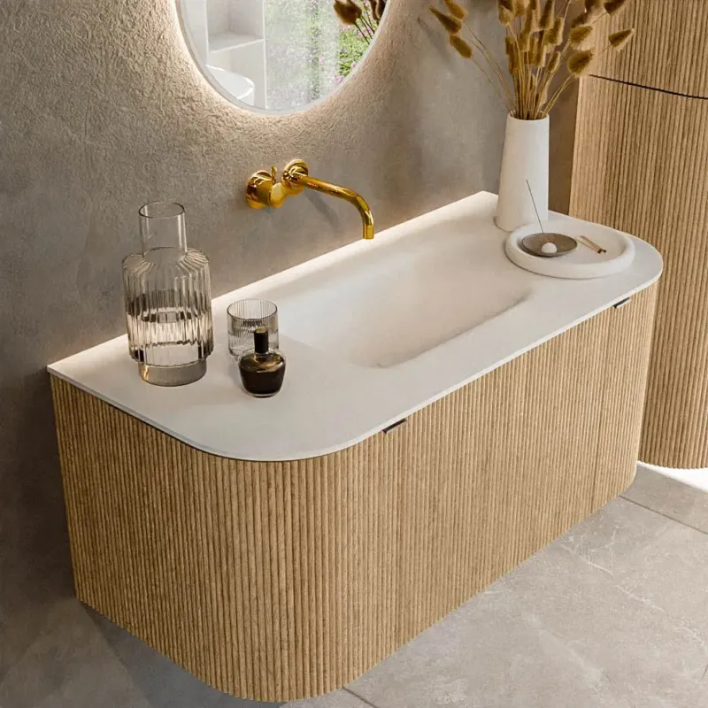 Shop Nu Mondiaz Kurve 100cm badmeubel ronding links/rechts oak met 1 lade en 2 deuren en wastafel grunne midden zonder kraangat