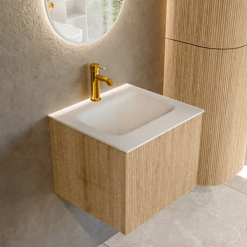 Mondiaz Kurve 50cm badmeubel oak met 1 lade en wastafel grunne midden 1 kraangat Veilige Betaling