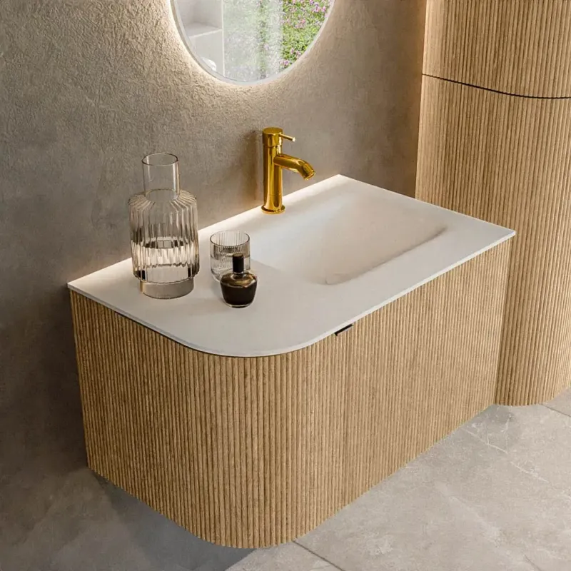 Mondiaz Kurve 75cm badmeubel ronding links oak met 1 lade en deur en wastafel grunne kraangat rechts Must-Have