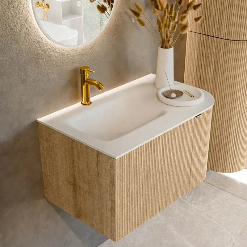 Mondiaz Kurve 75cm badmeubel ronding rechts oak met 1 lade en deur en wastafel grunne kraangat links Must-Have