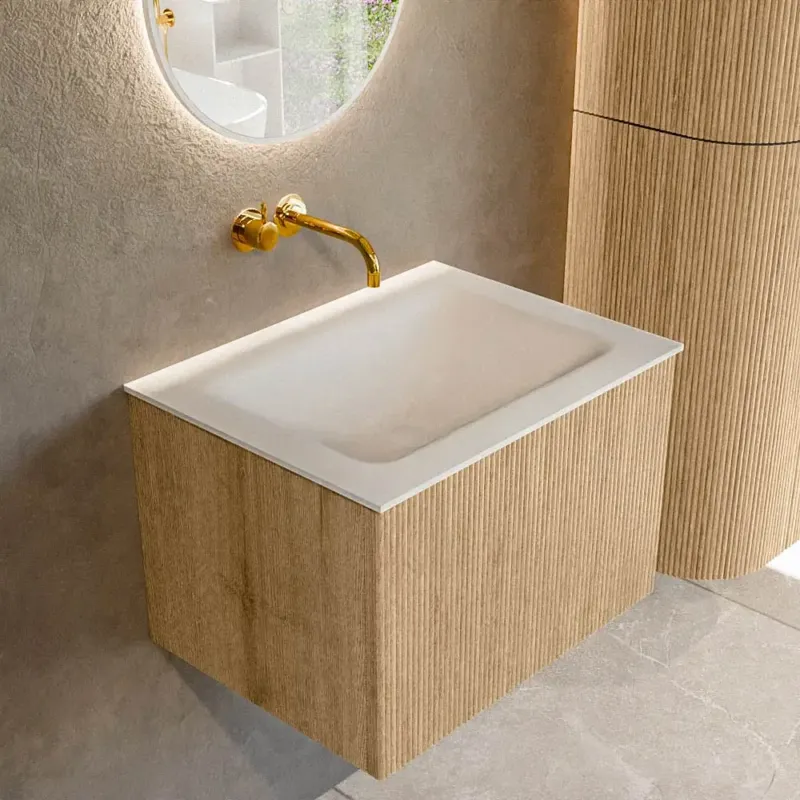 Mondiaz Kurve 60cm badmeubel oak met 1 lade en wastafel cloud midden zonder kraangat Koop Online